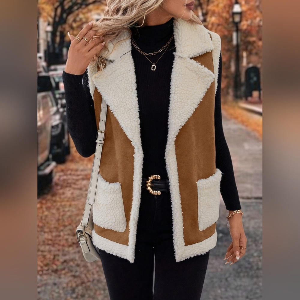 Women's Brown and Cream Sherpa Vest - Picture 4 of 9